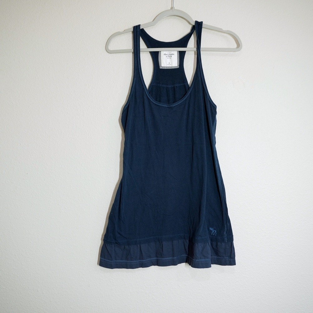 Vintage Abercrombie & Fitch Women's Long Tank Top Navy Blue Ruffle Hem Racerback